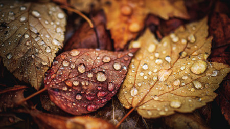 This close-up photo captures the intricate details of dew drops resting on vibrant autumn leaves. The warm colors of fall combine to create a peaceful and serene atmosphere.の素材