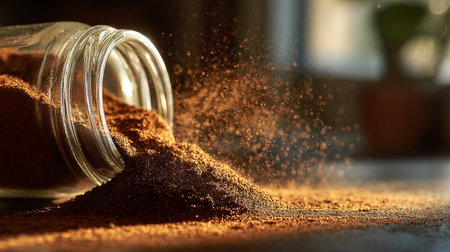 A mesmerizing close-up of brown ground spice spilling from a glass jar, capturing the essence of cooking. The natural light and soft focus create a warm atmosphere.の素材