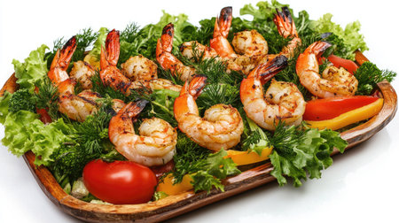 A vibrant platter of fresh grilled shrimp served on a colorful salad with tomatoes and greens, perfect for gatherings or healthy meals.の素材