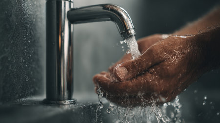 A captivating close-up view of hands being washed under a luxurious faucet, showcasing sparkling water splashes and emphasizing the importance of personal hygiene and cleanliness.の素材