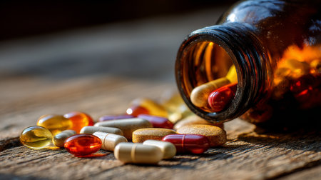 A detailed close-up of colorful dietary supplements and capsules spilling from an amber glass bottle, set on a wooden table, showcasing health and nutrition choices.の素材