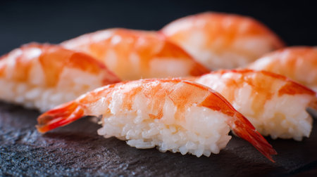 Indulge in the exquisite taste of fresh shrimp sushi, beautifully arranged on a black slate plate, perfect for gourmet dining and food enthusiasts.の素材
