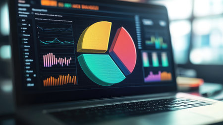 A vibrant and modern laptop displaying colorful data visualization. The image highlights pie charts and graphs, ideal for business and technology themes.の素材