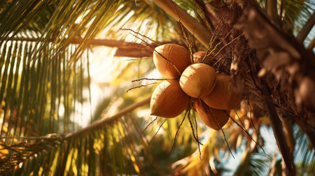 Explore a picturesque view of golden coconuts hanging gracefully from palm tree branches, illuminated by warm sunlight, evoking a sense of tropical serenity and abundance.の素材