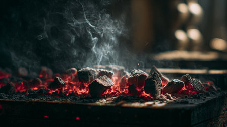 A close-up view of glowing charcoal embers with delicate wisps of smoke rising in a rustic setting. This image captures the warmth and ambiance ideal for outdoor cooking.の素材