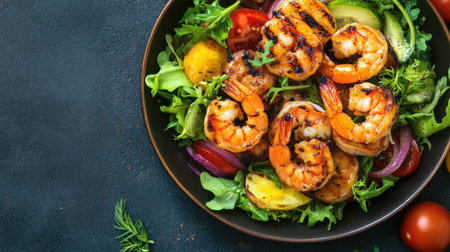 A vibrant grilled shrimp salad showcasing fresh vegetables and greens. Perfect for a healthy meal, this dish combines flavor and nutrition beautifully.の素材