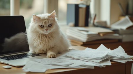 A fluffy white cat lounging on a cluttered desk with a laptop and scattered papers. This cozy indoor scene captures the calm and curious nature of pets in a home office setting.の素材