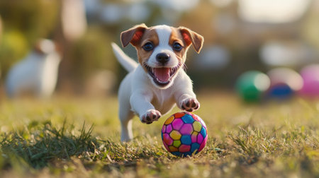A joyful puppy runs towards a colorful ball on green grass, embodying playfulness and happiness in a sunny outdoor setting. Perfect for pet lovers.の素材
