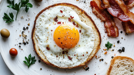 A vibrant breakfast plate featuring a sunny-side-up egg, crispy bacon, and fresh ingredients. Perfect for food photography and morning recipes.の素材