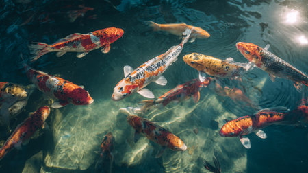 A lively scene of koi fish gracefully swimming in a tranquil pond. The shimmering water reflects sunlight, highlighting the vibrant colors and intricate patterns of the fish.の素材