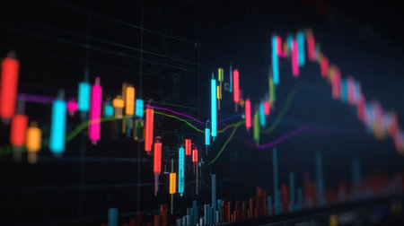 This image showcases a vibrant financial chart featuring dynamic candlestick patterns, perfect for illustrating market trends and facilitating investment analysis.の素材