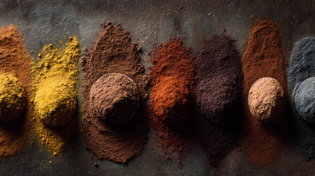 Explore the vibrant colors and textures of natural spices arranged artfully on a rustic surface, showcasing their beauty and versatility in culinary applications.の素材