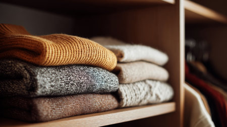 A collection of cozy sweaters folded neatly on a wooden shelf creates a warm atmosphere, perfect for home decor and lifestyle inspiration in autumn and winter environments.の素材
