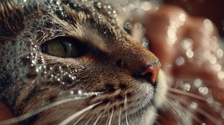 A close-up portrait of a cat's face during bath time, showcasing the fur's shine with soap bubbles and droplets, evoking warmth and cuteness in a soothing ambiance.の素材