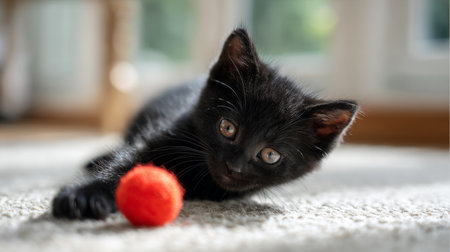 A charming black kitten plays with a bright red ball, showcasing its curious nature in a cozy indoor setting filled with warm natural light.の素材