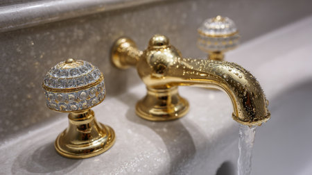 This stunning golden faucet features crystal handles and elegantly releases water in a luxury bathroom setting, highlighting exquisite design and attention to detail.の素材