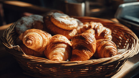 A warm and inviting scene showcasing an assortment of freshly baked croissants and pastries arranged beautifully in a rustic wicker basket, perfect for breakfast.の素材