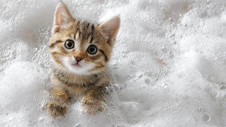 A charming striped kitten enjoys a bubbly bath, surrounded by soft foam. Its curious eyes and playful demeanor bring joy, making this image perfect for pet lovers.の素材