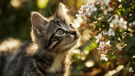 A cute kitten curiously investigates a garden adorned with white flowers, embodying the joy of discovery and the beauty of nature in a serene, sunlit setting.の素材