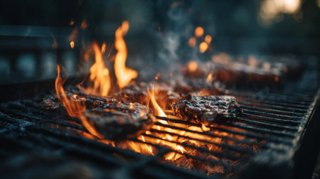 Captivating image of juicy steaks cooking over an open flame on a barbecue grill, surrounded by smoke and vibrant flames, perfect for summer culinary themes.の素材