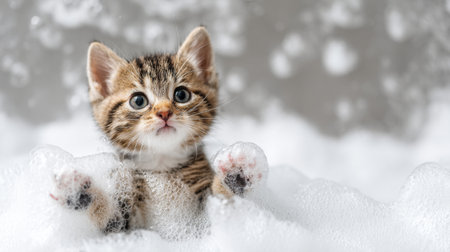 A charming kitten enjoys its bubble bath, surrounded by soft foam. Its curious expression and fluffy fur create a delightful and heartwarming scene perfect for any pet lover.の素材
