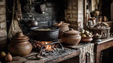 A rustic kitchen scene showcasing traditional cookware and a warm fire, inviting a sense of home and history. Perfect for culinary inspiration and lifestyle themes.の素材