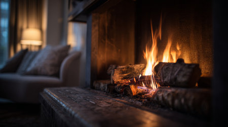 A serene living room scene featuring a glowing fireplace, offering warmth and ambiance, perfect for unwinding. The space invites cozy gatherings and relaxation.の素材