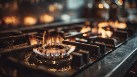 A captivating close-up of vibrant flames dancing on a gas stove, showcasing the warmth and energy of a modern kitchen prepared for culinary adventures.の素材