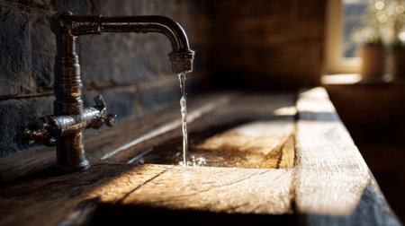 A rustic kitchen scene featuring a vintage faucet with water flowing gracefully into a beautifully crafted wooden countertop, illuminated by soft natural light.の素材