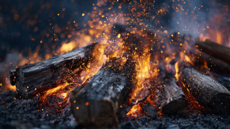 This image captures the mesmerizing details of burning firewood with sparks and glowing embers, creating a warm and inviting atmosphere for outdoor gatherings.の素材