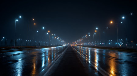 A captivating nighttime urban road scene featuring glowing streetlights reflecting on a wet surface, evoking a serene yet vibrant atmosphere in a city.の素材