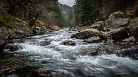 A stunning view of a river winding through a serene forest, showcasing flowing water, large rocky formations, and lush greenery under a moody sky.の素材