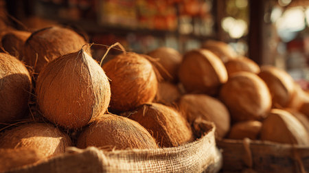 A vibrant display of freshly harvested coconuts in a rustic basket at a fruit market, capturing the essence of tropical produce in warm, inviting lighting.の素材