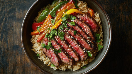 This image showcases a delicious bowl of sliced steak served on a bed of rice, garnished with vibrant vegetables, perfect for a hearty meal.の素材