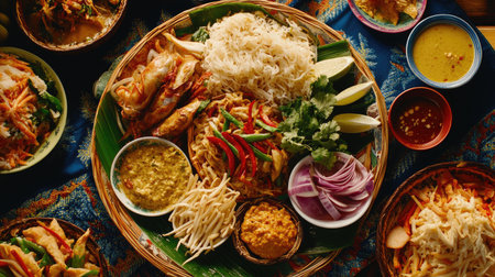 A vibrant assortment of fresh ingredients and dishes elegantly arranged on a platter, showcasing diverse flavors and cultural influences in cuisine.の素材