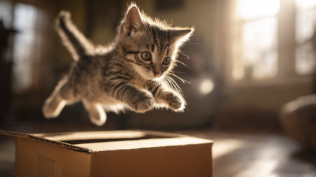 A playful kitten leaps out of a box, filled with energy and curiosity. The warm sunlight enhances the charming indoor scene, evoking feelings of joy and innocence.の素材