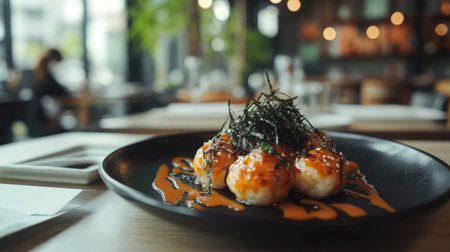 A beautifully arranged plate of sushi with vibrant colors and textures, set in a stylish restaurant ambiance, highlighting modern dining trends and culinary artistry.の素材