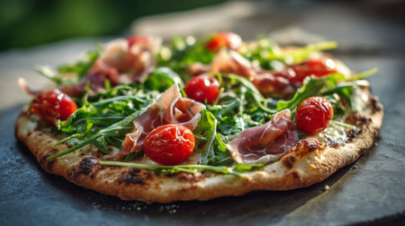A mouthwatering pizza featuring arugula, cherry tomatoes, and prosciutto, captured on a rustic stone surface with natural light, perfect for culinary enthusiasts.の素材
