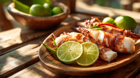 Enjoy a vibrant plate of grilled squid garnished with fresh lime and green chilies, showcasing culinary artistry and a healthy dining option in a beautiful natural setting.の素材