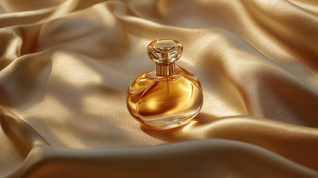 A close-up of an elegant glass perfume bottle resting on golden satin fabric, capturing the essence of luxury and beauty in an artful arrangement.の素材