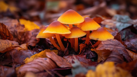 A cluster of vibrant orange mushrooms rises among the fallen autumn leaves, showcasing nature's beauty and intricate details in a serene forest setting.の素材