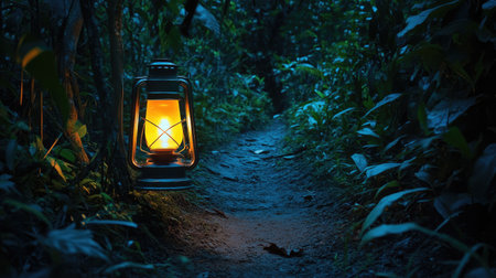 A glowing lantern illuminates a narrow pathway through a lush forest, creating an inviting atmosphere for exploration and adventure in the night.の素材