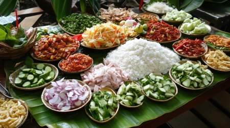 A vibrant assortment of fresh vegetables and rice arranged on banana leaves, showcasing the beauty of natural ingredients and culinary diversity.の素材