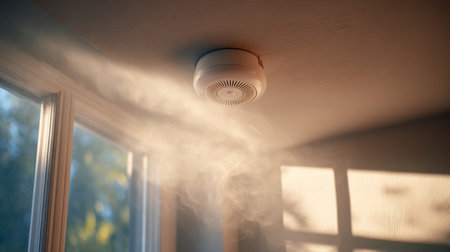 A smoke detector positioned in a cozy indoor setting, with soft sunlight filtering through windows and smoke gently rising, creating a serene yet cautionary atmosphere.の素材