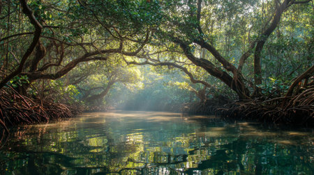 A tranquil mangrove river scene features lush greenery with sunlight filtering through branches, creating a serene atmosphere perfect for nature lovers and explorers.の素材
