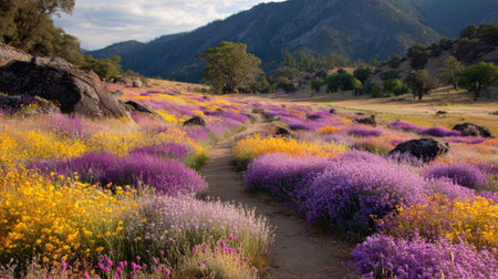 A picturesque flower field showcases an array of vibrant purple and yellow blooms, framed by majestic mountains and trees under a serene cloudy sky.の素材