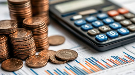 A detailed view of copper coins stacked beside a calculator and financial charts, illustrating themes of finance, budgeting, and investment strategies. Perfect for business or accounting concepts.の素材