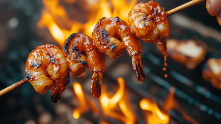 Juicy grilled shrimp skewers drizzled with sauce over an open flame, showcasing vibrant colors and tantalizing aromas perfect for summer gatherings.の素材