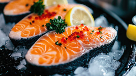 Indulge in a visually striking display of fresh salmon slices elegantly arranged on ice. Garnished with lemon and herbs, itの素材