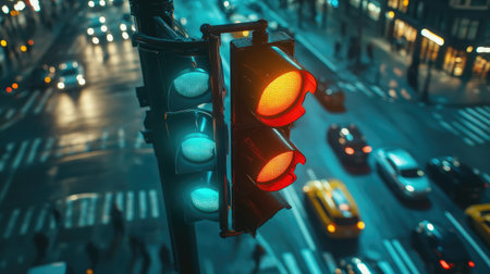 Nighttime image of a traffic light signaling red at a busy urban intersection, surrounded by moving vehicles and illuminated buildings, capturing city life.の素材